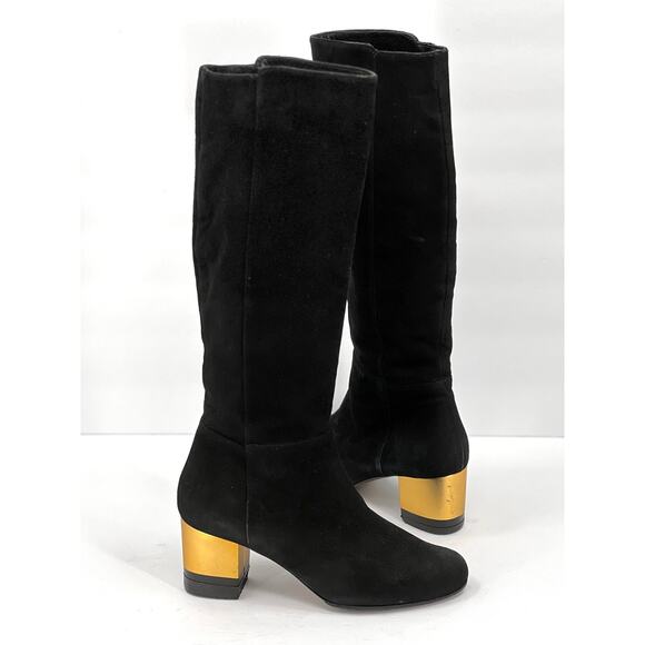 FENDI Boots Womens 38.5 Black Suede Knee High Tall Block Heeled Shoes Gold - Picture 2 of 13